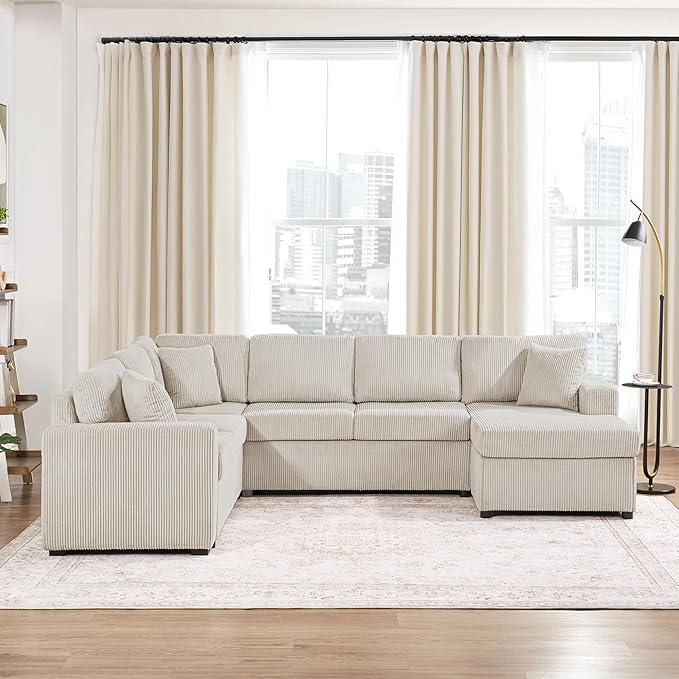 Eafurn Oversized U Shaped Modular Sectional Sofa, 115" Oversized Corduroy Upholstered Couch with Spacious Chaise Lounge & 3 Throw Pillows for Living Room, Apartment, Office