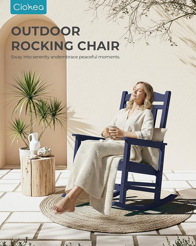 Ciokea Oversized Outdoor Rocking Chair, 380lbs Heavy-Duty Large Patio Rocker, Weather Resistant & Anti-Fade Porch Chair, High Back Cozy Rocking Chair for Outside, Fire Pit, Deck, Garden, Navy Blue - Image 3