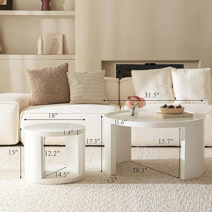 Round Nesting Coffee Table Set of 2, White Coffee Table, 31.5" Large & 18" Small Low Tables with Wood Top, Center Table for Living Room, Bedroom, Minimalist Center Table Set