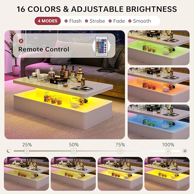 47" Modern Living Room Tables, LED Coffee Table with LED Lights, 2 Tier Rectangular Center Table with Large Storage, High Glossy Surface, Tea Table for Living Room, White