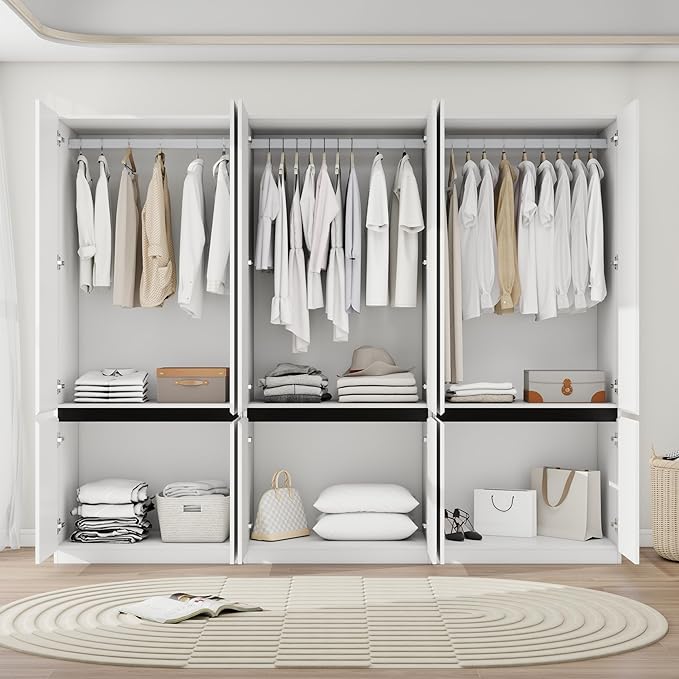 Armoire Wardrobe Closet with Doors: 75" White Large Wardrobe Closet with 6 Doors, Clothes Cabinets for Bedroom Armoires with Storage, Wood Wardrobes Closets for Hanging Clothes(C+C+C, 94.5")
