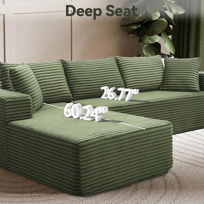 106" Modular Sectional Sofa, Green Corduroy Cloud Couch with Right Chaise, Deep Seat Boneless Floor Sofa for Living Room, High-Resilience Foam Support, No Assembly Required, Includes Pillows | Sectional Sofa, Corduroy Cloud, Boneless, High-Resilience, ...
