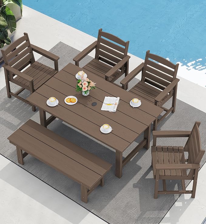 SERWALL Outdoor Dining Set for 6, HDPE Furniture Set with Umbrella Hole, All Weather Bench & Chairs, Coffee Table by SERWALL