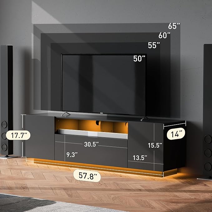 WLIVE Modern TV Stand for 65 Inch TV, Entertainment Center with LED Lights & Large Storage Cabinets, Sturdy Media Console for Living Room, Bedroom, Gaming(Black) - Image 3