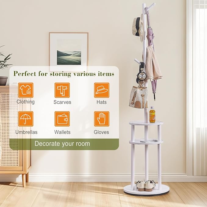 VECELO Coat Rack Freestanding, Entryway Hanger Stand, Umbrella Holder, Hall Tree With Hooks, Floor Standing Metal Tree Stand,White - Image 6