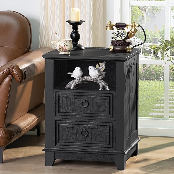 Joaxswe 18" Farmhouse Night Stand with Charging Station, 2 Drawers End Table Dresser for Bedroom, Black Wooden Nightstand, Bed Side Table with Open Shelf, Bedside Cabinet for Living Room, Closet - Image 5