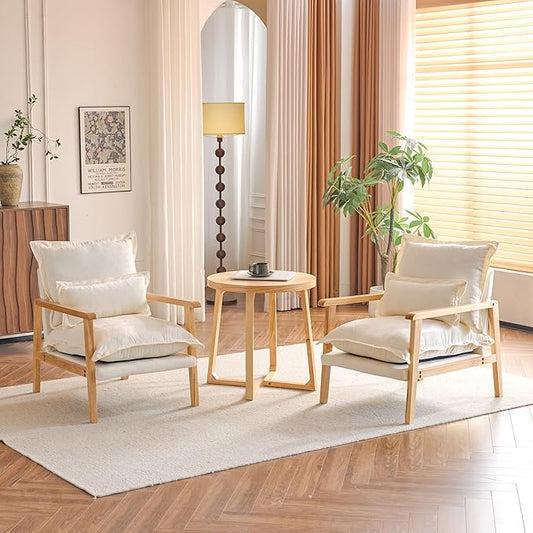 VINGLI Mid-Century Modern Cloud Accent Armchairs Set of 2 with Lumbar Pillow, 6.3'' Thick Seat Cushion Reading Chairs with Wooden Armrests, Boho Lounge Chair for Bedroom, Living Room, Chenille, Beige