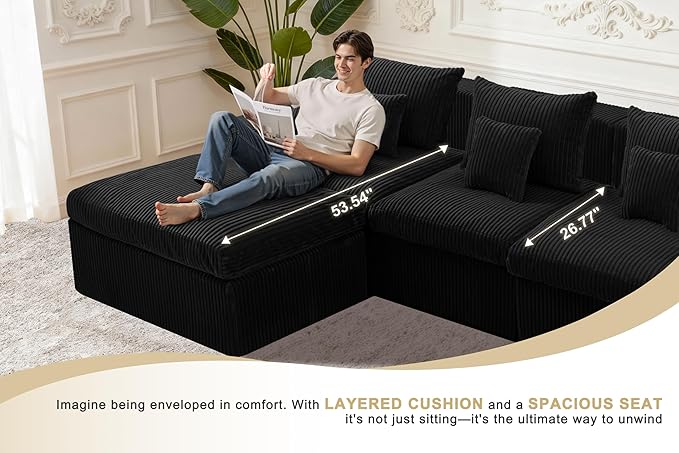 Homguava Modular Sectional Couches for Living Room,101" Cloud Couch with L-Shape Chaise,Comfy Sofa Living Room Couch with Deep Seat,No Assembly (Cordury Black)
