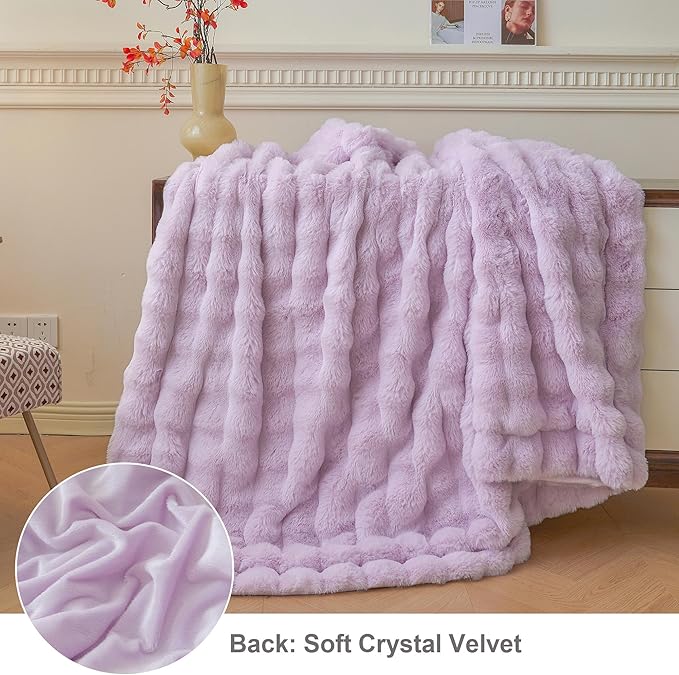 LIFEREVO Fluffy Faux Rabbit Fur Bubble Blanket, Plush Shaggy Throw for Couch Sofa, Cozy Furry Light Purple Bed Blanket Adult Kids Girls, Aesthetic Fuzzy Throw for Bedroom Living Room, 60x90, Lavender