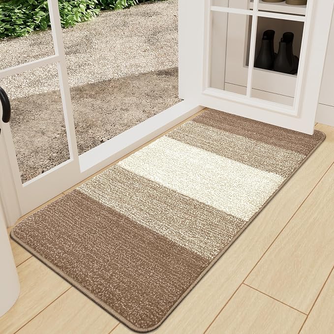 Kitinjoy Indoor Outdoor Door Mat, 47x24 Non-Slip Absorbent Dirt Trapper, Low-Profile Washable Inside Entrance Front Floor Mat, Sturdy Soft Entry Doormats for Entryway, Khaki by Kitinjoy