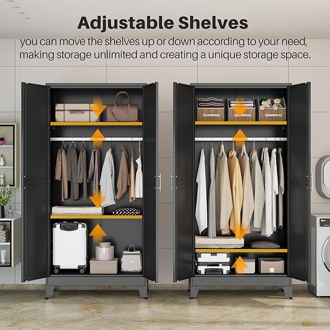 winiowa Metal Armoire Wardrobe Closet with 2 Mirror Doors, 71" Wardrobe Cabinet with Adjustable Shelves and Hanging Rod, Clothing Storage Cabinet Closet with Mirror for Bedroom-Black