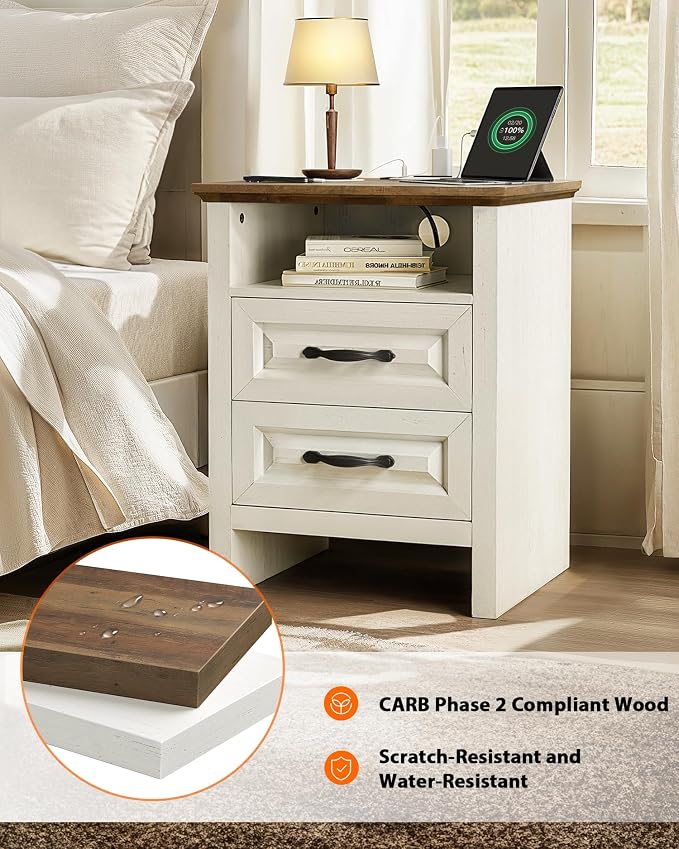 Pipishell Night Stand Set 2 with Charging Station, Farmhouse Bedside Table with 2 Drawers and Open Storage, Rustic End Table with AC Outlets & Type-C Ports for Bedroom, White & Brown, 2 Pack - Image 7