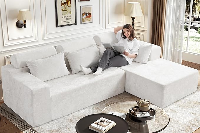 Homguava Modular Sectional Couches for Living Room,105" Cloud Couch with L-Shape Chaise,Comfy Sofa Living Room Couch with Deep Seat,No Assembly L Couch,Luxury Distressed Velvet(Begie,R)