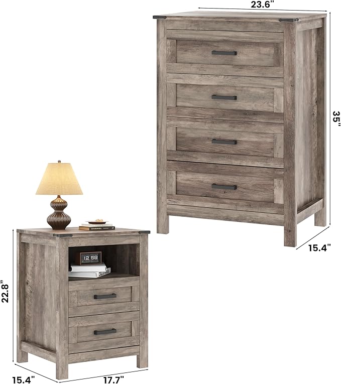 EazeHome 3-Piece Bedroom Furniture Set，Farmhouse Vertical 4-Drawer Dresser with 2 Nightstands, Retro Dresser and Nightstand Sets, Antique Gray