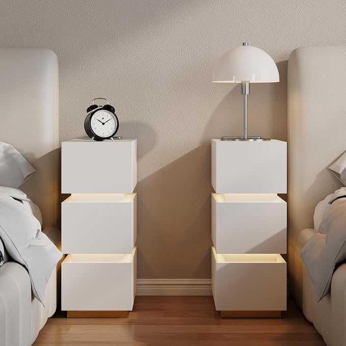 homary Narrow Smart Nightstand with Wireless Charging, USB & Type-C Ports, Modern LED Bedside Table with 3 Drawers, White Nightstand with Storage for Bedroom - Image 7