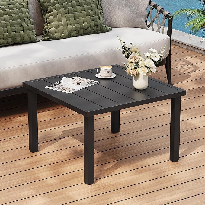 ONBRILL Small Outdoor Coffee Table, 28 Inch Square Patio Coffee Table, Metal Coffee Table for Porch, Backyard, Poolside, Balcony - Black by ONBRILL