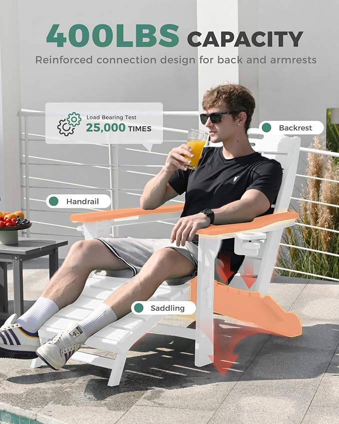 Adjustable Adirondack Chairs Set of 4 with Retractable Ottoman, HDPE Folding Adirondack Chair with Cup Holders, Weather Resistant for Backyard, Poolside & Fire Pit (White) - Image 7