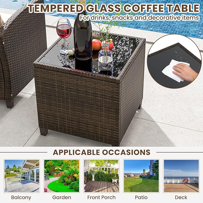Tangkula 5 Pieces Patio Conversation Set, PE Wicker Rattan Outdoor Furniture Set with 2 Chairs, 2 Ottomans & Tempered Glass Coffee Table, Ideal for Poolside, Backyard, Lawn, Deck (Mix Brown & Beige)