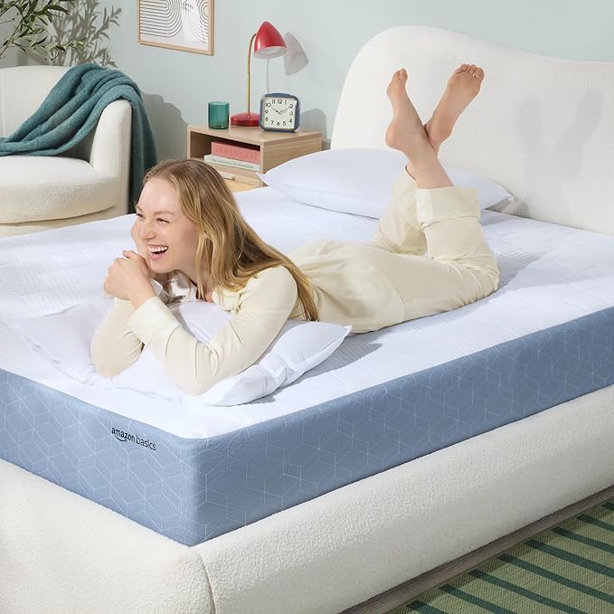 Amazon Basics Memory Foam Mattress, Medium-Firm, Cooling Gel, Queen Size, CertiPUR-US Certified Foam, 80 x 60 x 10 inches, White/Gray, Guest Room