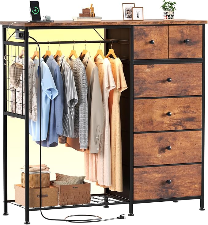DUMOS Dresser for Bedroom with Hanging Rack, 6 Drawer Fabric Dresser with Charging Station and LED Lights, Closet Organizer & Storage Tower for Living Room, Entryway, Apartment, Rustic Brown by DumosLifestyle