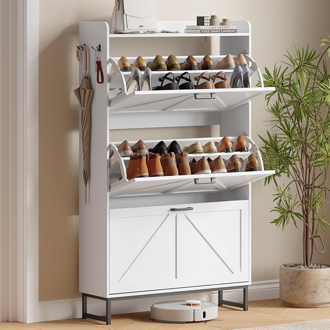 Shoe Cabinet with 3 Flip Drawers, Freestanding Hidden Shoe Storage Organizer for Entryway, Narrow Slim Shoe Rack Cabinet with Open Storage & Hooks for Front Door Entrance, Living Room, Hallway, White by Xixini
