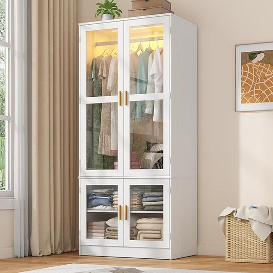 chartustriable 2 Doors Armoire Wardrobe Closet with LED,71" H Freestanding Wooden Wardrobe Closet Cabinet for Bedroom,Wooden Clothing Storage Cabinet with Hanging Rod,Closets for Bedroom(White)