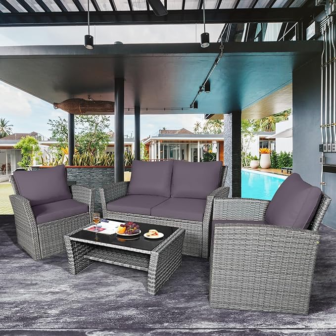 COSTWAY 4 Pieces Patio Rattan Furniture Set, Outdoor Wicker Sofa Set with Tempered Glass Coffee Table, Cushions, All Weather Rattan Conversation Set for Yard Balcony Backyard Pool (Grey)