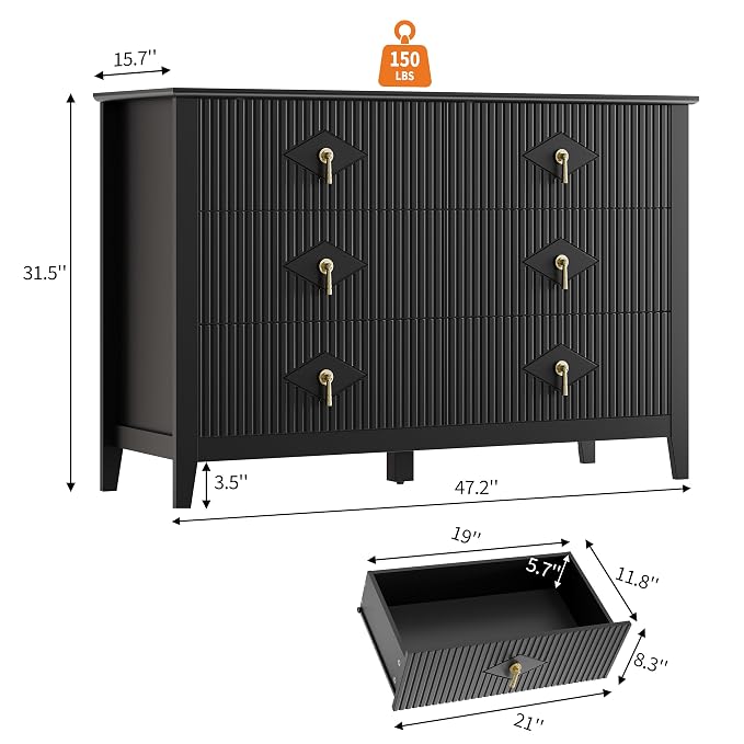 GarveeHome Fluted Dresser for Bedroom, 47.2 Inch Wide 6-Drawer Wood Dresser, Modern Chest of Drawers, Storage Organizer Cabinet for Living Room, Hallway, Entryway, Black - Image 2