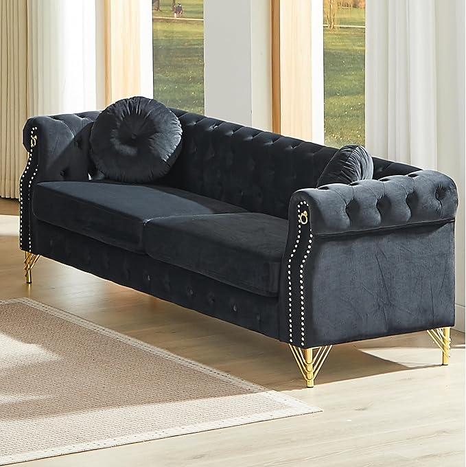 ERYE 82-Inch Button Tufted Sofa Couch with 2 Round Pillows, 3 Seat Velvet Tufted Sofa Spacious Chesterfield Loveseat Couches W/Nailhead Decor,Ring Accent & Golden Legs