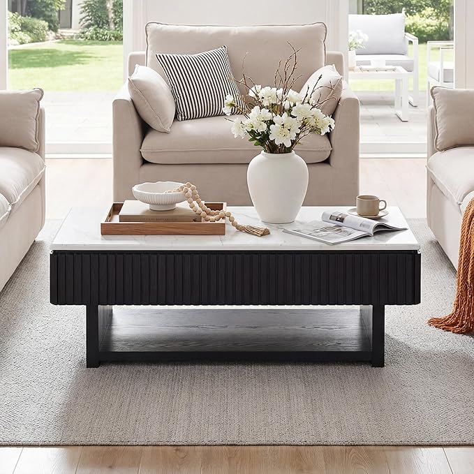 47.4" Rectangle Lift Top Coffee Table with Drawer & Hidden Storage, Modern Fluted Coffee Table with Marble-Pattern Top & Solid Wood Strips, Center Table for Living Room Apartment,Black & White