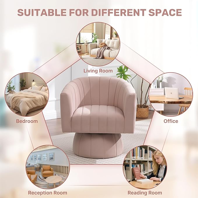 Swivel Accent Barrel Chair, Cute Comfy Small Round 360° Arm Chair. Velvet Sofa Club Reading Chair for Living Room Bedroom Office Pink