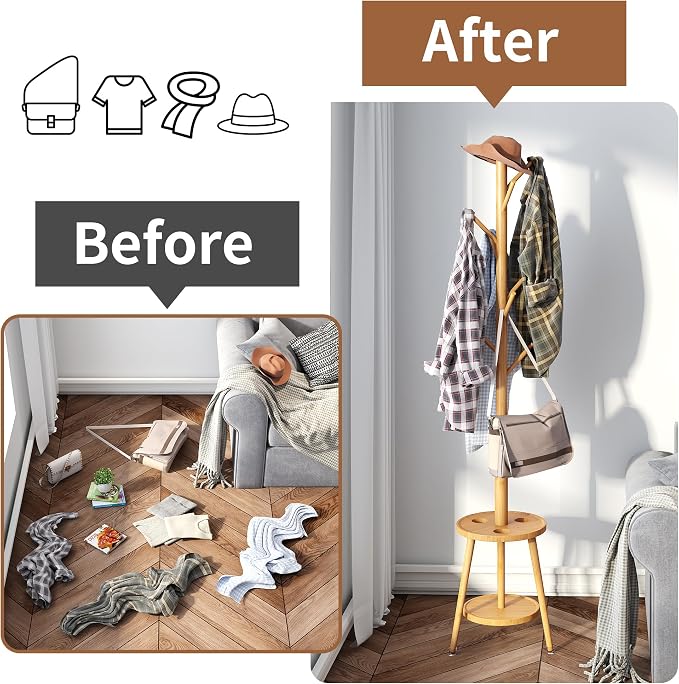 FILWH Freestanding Coat Rack with Umbrella Organizer Tray Bamboo Coat Tree Rack with 8 Hook Stand for Clothes Bag Hats Entryway Hanger Stand(Nature) - Image 6