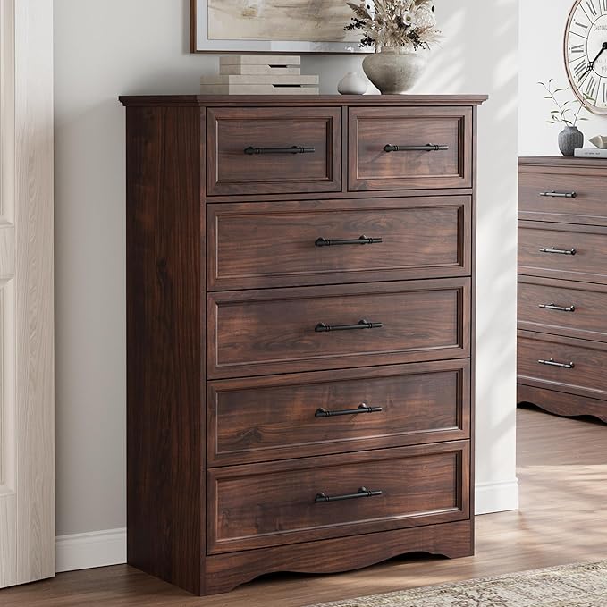 Bedroom Set, 4 Pieces Bedroom Furniture Set, 47" W 7 Drawer Dresser, 44" H 6 Drawer Dresser and Nightstands with Charging Station, Farmhouse Storage Organizer Cabinet for Bedroom, Walnut