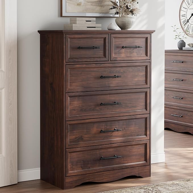 Walnut Dresser for Bedroom, Modern 6 Chest of Drawers, 44" Tall Dresser with Brushed Metal Handle, Wood Closet Organizers and Storage Cabinet for Bedroom, Living Room, Hallway by Harpaq