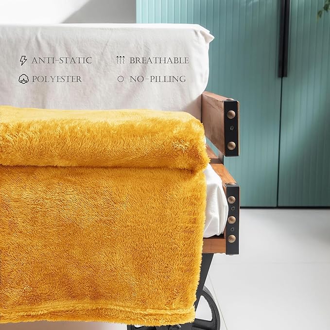 Exclusivo Mezcla Plush Fuzzy Fleece Throw Blanket Extra Large, Super Soft, Fluffy and Warm Blankets for Couch, Bed, All Season (Mustard Yellow, 50x70 inches)