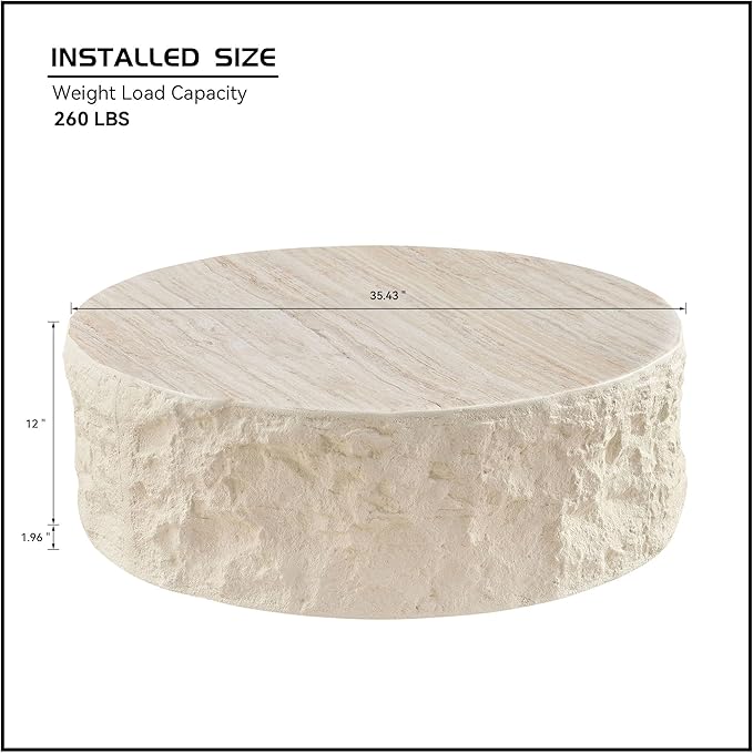 Round Coffee Table for Living Room Circle Coffee Table Modern Drum Center Table for Apartment, No Need Assembly (Fiberglass 35.43'' Cement Stone Pattern) | for Living Room, Modern, for Apartment, No Need Assembly