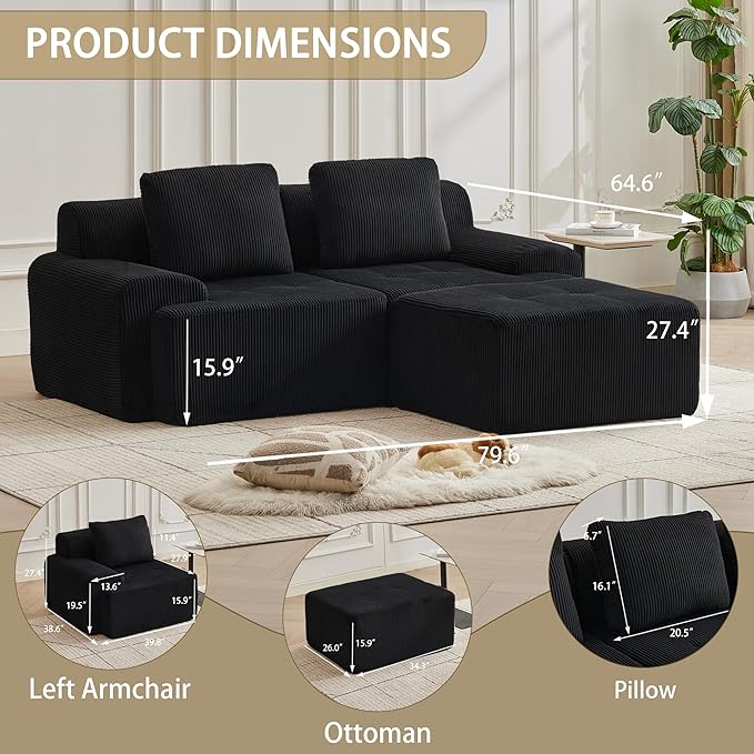 Modular Sectional Sofa with Movable Ottoman, 2 Seat Deep Seat Couch with 2 Pillows, Comfy Cloud Sectional Sofa for Living Room, Bedroom and Apartment (Black, 1 Left+1 Right+1 Ottoman)