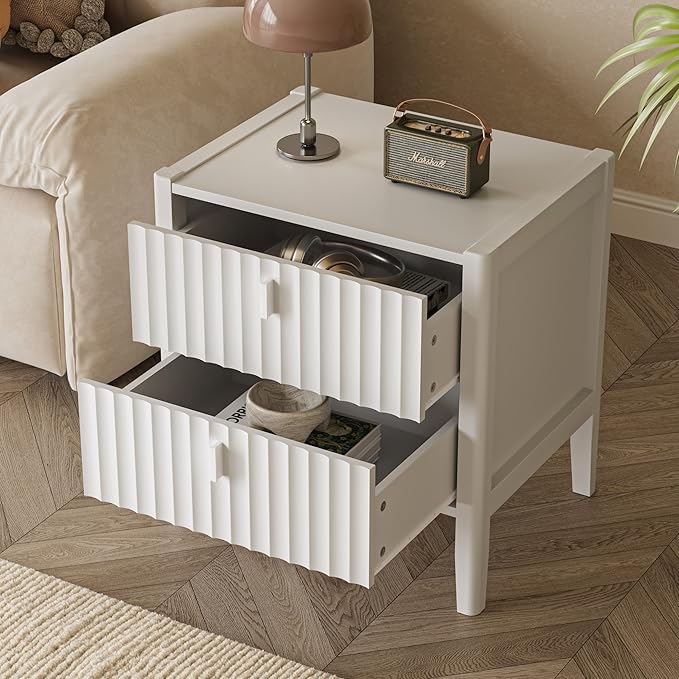 MAISONARIA 3-Piece Dresser Bedroom Set, 4 Drawer Dresser & 2 Drawer Nightstands with Metal Handles, Fluted Wood Chest of Drawers for Bedroom, Living Room, Entryway, White