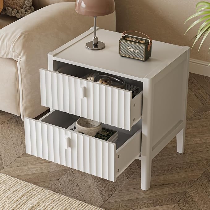 White Nightstand Set of 2, Modern Nightstand with 2 Drawers Storage, Fluted Bedside Table with Metal Handle, Wooden Night Stand for Bedroom - Image 4