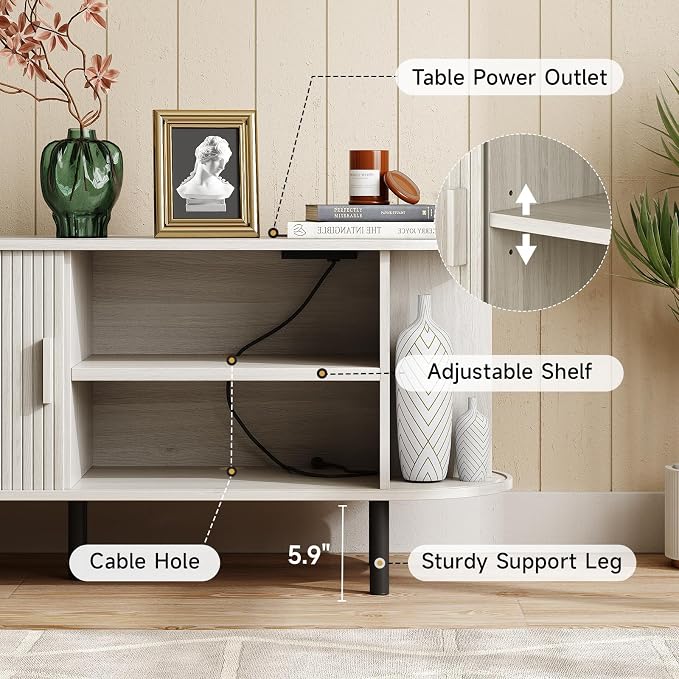 ONBRILL 63" TV Stand with Power Outlet for TVs up to 70 Inch, Entertainment Center with Storage and Adjustable Shelves, Modern Media Console with Sliding Doors for Living Room, Natural White - Image 6