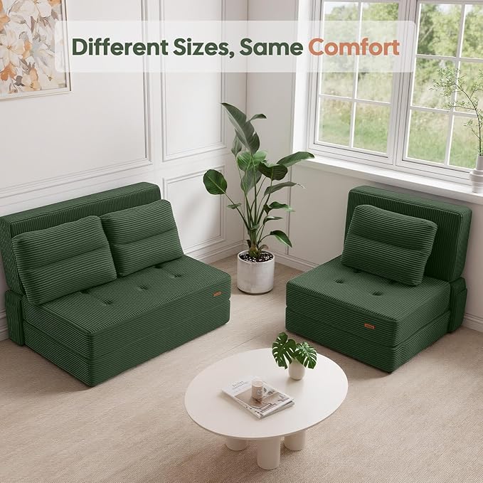 COMAX Folding Sofa Bed, Foldable Couch for Bedroom, Convertible Floor Sleeper Futon Chair Foam, Corduroy 3 in 1 Fold Out Chair Portable Comfy Lounge Couch Sofa Bed for Small Space, Twin, Green