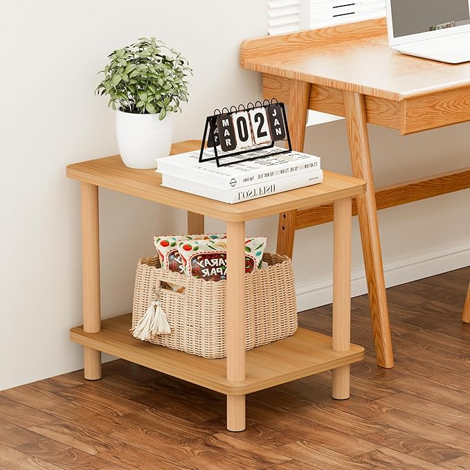 2 Tier End Table Low Table with Solid Wood Legs, Small Coffee Table Side Table, Boho Bedside Table with Storage Shelf, Nightstand for Small Spaces, Bedroom, Living Room, Entryway, Farmhouse, Natural