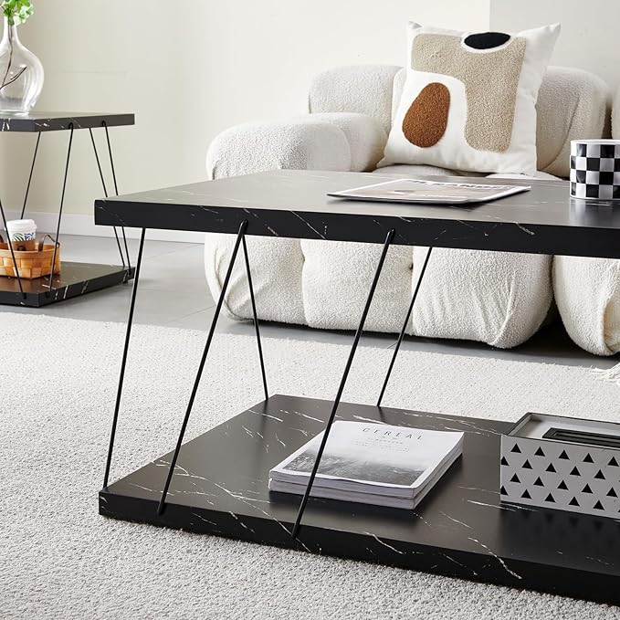 Btrpily Wooden Coffee Table - Modern Marble Coffee Table， Contemporary, Stylish, High-End Furnishing for Your Living Room (Black Marble, Rectangle)