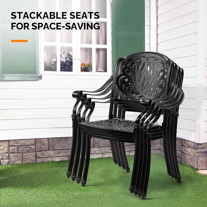 VINGLI Patio Chairs Set of 4 - Stackable Outdoor Cast Aluminum Dining Chairs with Vintage Black Finish and Floral Pattern, Metal Armchairs for Poolside, Backyard, Balcony (with Cushion) - Image 8