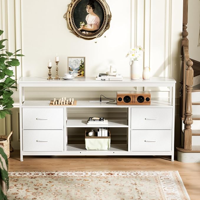 Huuger TV Stand Dresser with Power Outlets and LED Lights, 4 Drawers Entertainment Center with Shelves, 54 Inch Media Console for 55 60 Inch TV, 4 AC Outlets, 2 USBs, Dresser with PU Finish, White - Image 9