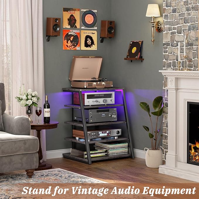 Armocity 5-Tier AV Media Stand with Power Strips, Media Console with LED Lights, Audio Tower Rack with Adjustable Shelves, Stereo Stands and Racks, 40.8'', Grey Oak - Image 2