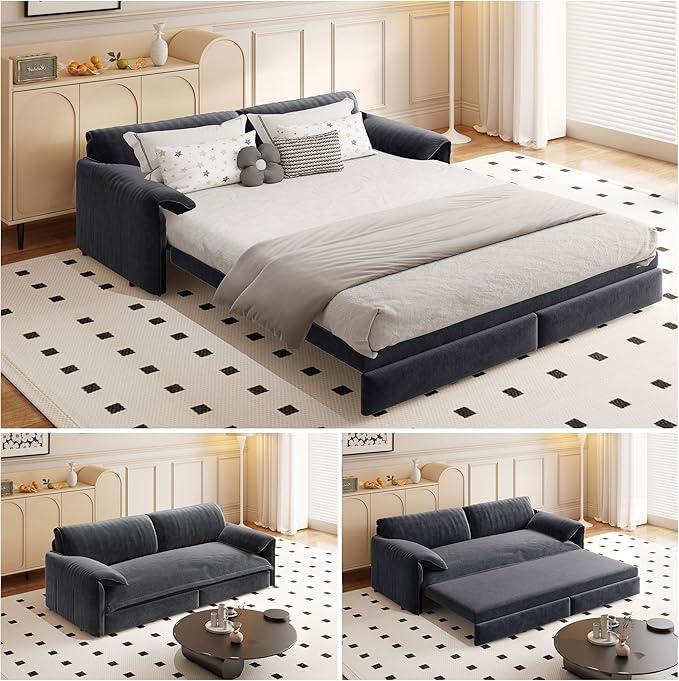 66" Queen Size Pull Out Sofa Bed, 3-in-1 Convertible Sleeper with Side Storage and Wheels, Velvet Loveseat for Living Room, Apartment, Bedroom, Grey (Mattress & Bedding Not Included)