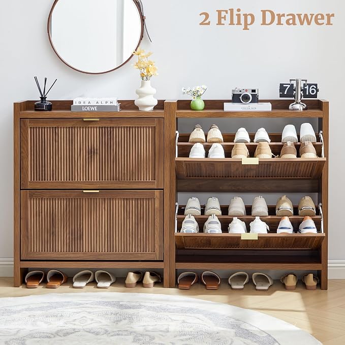 Fluted Shoe Storage Cabinet with 2 Flip Door for Entryway, Modern Freestanding Narrow Wood Shoe Rack Cabinet for Foyer, Front Door, Hallway - Image 6