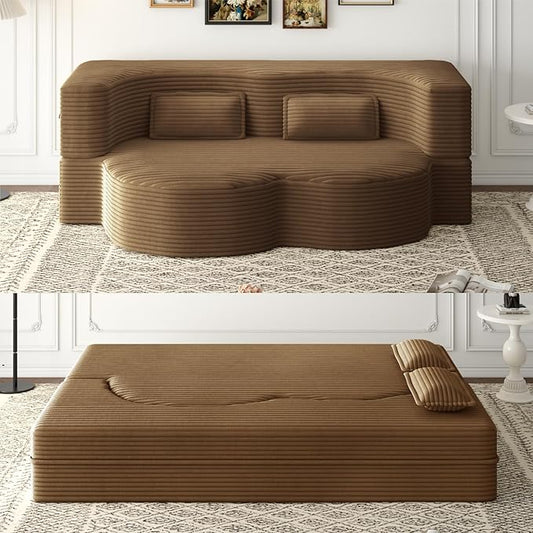 KEIKI Floor Sofa Bed with 2 Pillows, Convertible Plush Corduroy Couch, 15" Foam Folding Mattress Sleeper Floor Couch for Adults, Compression Sofa Lounge Bed, Camel