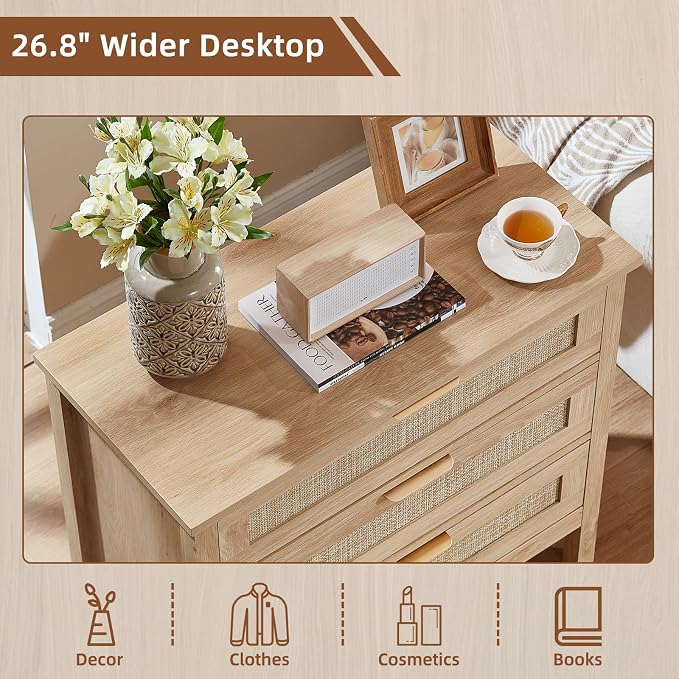 LEYAOYAO 26.8" Wide Rattan Nightstand, Large Boho 3 Drawer Night Stand, Natural Wood Bedside Table with Storage, Tall Bed Side End Tables, Chest of Drawers Dressers for Bedroom, Living Room, Hallway - Image 4